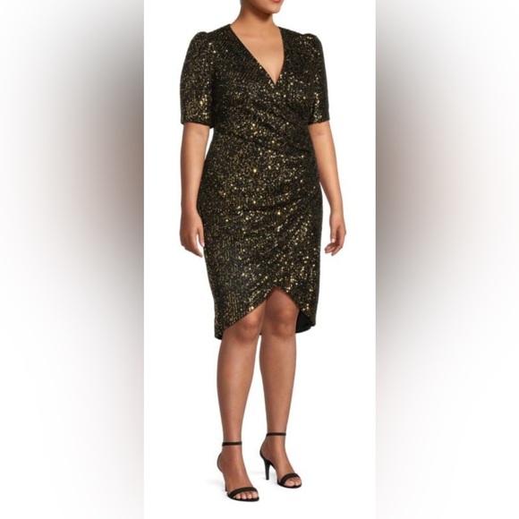 NWT Calvin Klein Sequins Ruched Asymmetrical Gold & Black Size 22W - Picture 1 of 14